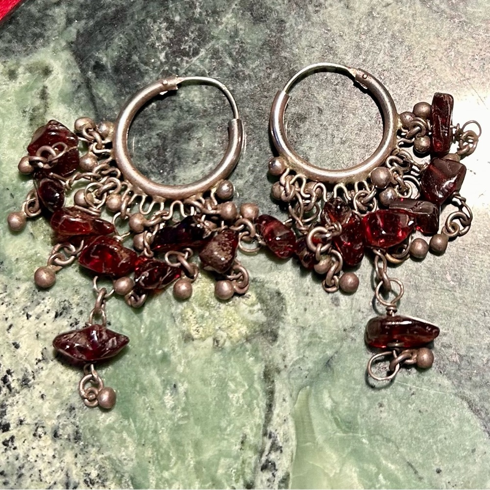 Garnet encrusted sterling silver hoop earrings